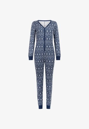 Une combinaison bleu marine en tissu doux, avec un motif géométrique blanc, des manches longues, un col en V avec des boutons et des poignets côtelés.