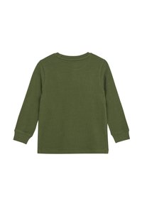 Langärmiges, olivgrünes T-Shirt für Kleinkinder mit umgeschlagenen Bündchen und einfachem Rundhalsausschnitt, von hinten gezeigt.