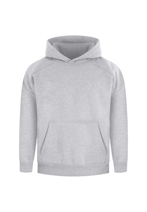 Šedá mikina s kapucí, vybavená klokankovou kapsou, ribbovanými manžetami a spodním lemem, vyrobená z měkké směsi bavlny, s minimalistickým designem.