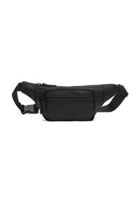 Marsupio nero con cintura regolabile, due scomparti frontali con cerniera e un piccolo patch logo sulla tasca frontale.