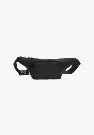 Marsupio nero con cintura regolabile, due scomparti frontali con cerniera e un piccolo patch logo sulla tasca frontale.