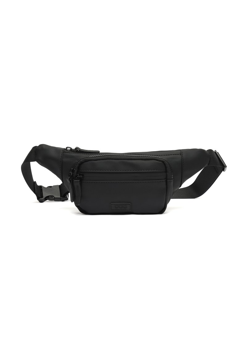 Marsupio nero con cintura regolabile, due scomparti frontali con cerniera e un piccolo patch logo sulla tasca frontale.