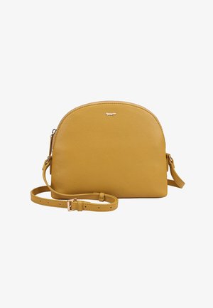 Mosterdgele leren crossbodytas met verstelbare riem en klein metalen dierenlogo op een gladde, afgeronde voorkant.