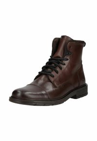 Stivale alla caviglia in pelle marrone con punta rotonda, lacci neri, collare imbottito e suola in gomma testurizzata. Presenta cuciture e dettagli con logo.