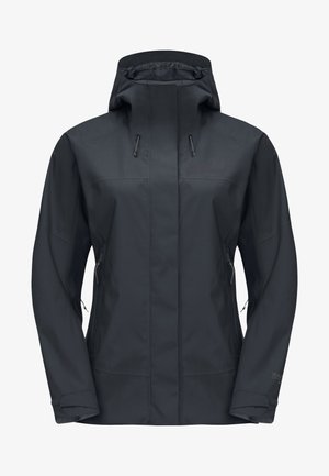 Dunkle, wasserdichte Jacke mit hohem Kragen, verstellbarem Kapuzen, zwei seitlichen Reißverschlusstaschen und strukturierter Stoffoberfläche.