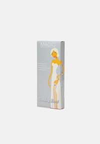 Magic Bodyfashion bröllopsband förpackning, grå med en tecknad illustration av en brud, som visar en slät design och livliga färger.