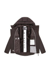 Donkerbruine hoodie-jack opengelegd met zwart-witte binnenvoering, mazen zak, banden en het merk "MARIKOO" aan de binnenkant.