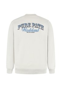 Witte sweatshirt met lange mouwen, ribgebreide manchetten en onderrand, met op de rug de blauwe en zwarte tekst "PURE PATH Wasteland OWN THE JOURNEY".