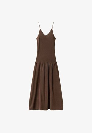 Brown sleeveless midi dress with thin straps, V-neckline, fitted bodice, and gathered skirt on white background.