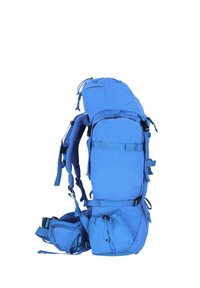 Sac à dos extérieur bleu avec bretelles réglables, plusieurs compartiments et un panneau dorsal rembourré. Fabriqué en tissu durable, avec un design élégant.