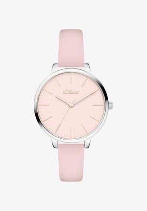 Runde Uhr mit einem rosa Zifferblatt, silberner Hardware und goldfarbenen Stundenmarkierungen. Verfügt über ein weiches rosa Lederarmband und ein minimalistisches Design.