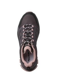 Gray and pink athletic shoe with mesh upper, rounded toe, patterned laces, and cushioned collar. Black accents on the sole and sides.