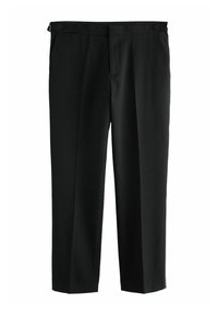 Schwarze Hose mit geradem Bein, aus glattem Stoff gefertigt. Verfügt über zwei vordere Taschen und einen Taillenbund mit Gürtelschlaufen.