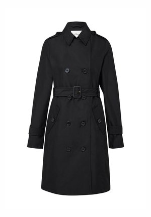 Czarny dwurzędowy płaszcz trencz z paskiem, kołnierzem z klapami, zapinany na guziki pagony na ramionach oraz zapinane na guziki mankiety, sięgający kolan, z kieszeniami bocznymi.