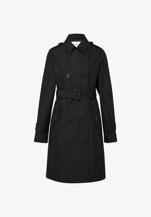 Schwarzer, doppelt geknöpfter Trenchcoat mit Gürtel, Reverskragen, geknöpften Schulterklappen und geknöpften Manschetten, knielang, mit seitlichen Taschen.