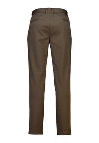 Bruine op maat gemaakte broeken met een gladde textuur, standaard tailleband en twee achterzakken. Slim fit met rechte pijpen en zonder patronen.