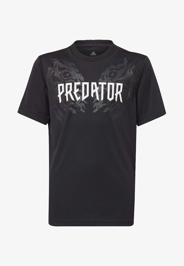 Czarna koszulka z krótkim rękawem z napisem "PREDATOR" w białych, pogrubionych literach, z teksturowanym wzorem tygrysa w ciemnoszarym kolorze z przodu.