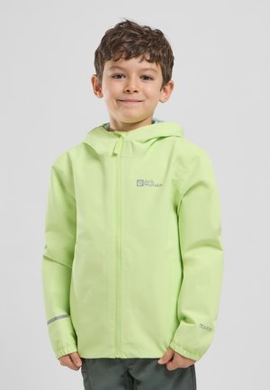 Light green waterproof jacket with a hood, zip front, elastic cuffs, and reflective accents. Made from durable, breathable material.