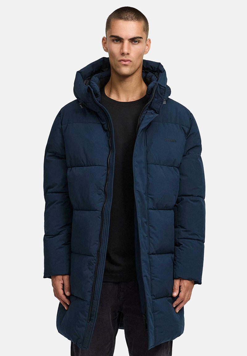 Navy puffer coat with hood, featuring a quilted design, front zipper, and side pockets. Made from a smooth, lightweight material.