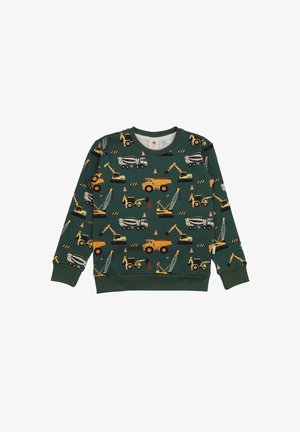 Grüner Sweatshirt mit Mustern von Baumaschinen, in Kombination mit gelben und grauen Akzenten, Rippbündchen und einem Rundhalsausschnitt.