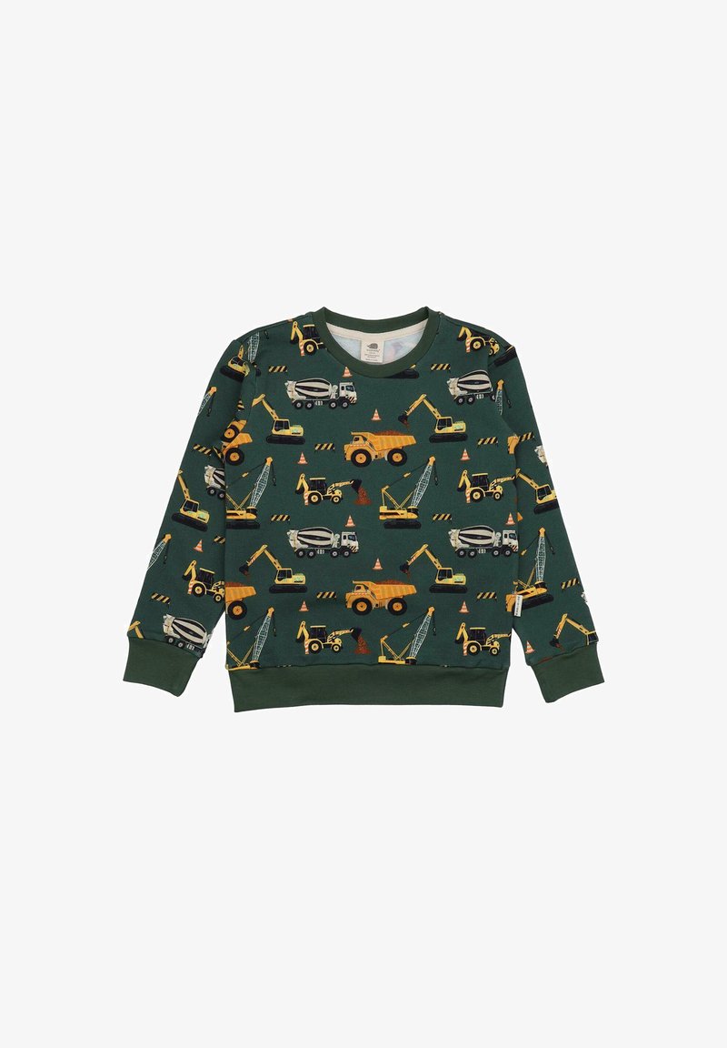 Grüner Sweatshirt mit Mustern von Baumaschinen, in Kombination mit gelben und grauen Akzenten, Rippbündchen und einem Rundhalsausschnitt.
