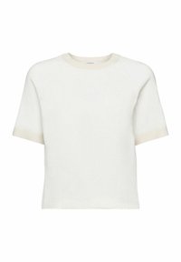 Biały dzianinowy sweter z krótkim rękawem, okrągłym dekoltem oraz ściągaczami przy rękawach i u dołu, prezentowany na białym tle.