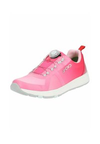 Scarpa da atletica rosa con una tomaia in sintetico liscio, lacci elasticizzati, un meccanismo di serraggio circolare e una suola in gomma testurizzata.
