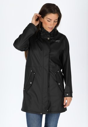 Black waterproof jacket with a hood, zip closure, two front pockets, smooth texture, and logo detail on the chest.