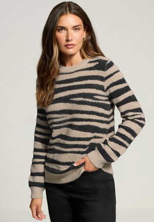 Maglione a righe con una texture morbida e pelosa. Presenta righe alternate nere e beige, colletto tondo e polsini a costine. Indossato sopra pantaloni neri.