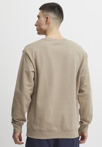 Beige sweatshirt made of cotton blend, featuring a round neck, ribbed cuffs, and hem, shown from the back with smooth, unadorned fabric.
