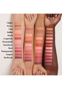 Fire armer viser 16 fargeprøver av leppestift i forskjellige toner fra beige til dyp plomme, med hver etikett som viser fargenavnet.