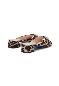 Leopard print mules with a low block heel, featuring a decorative gold-tone buckle and a smooth interior. Textured fabric with contrasting colors.
