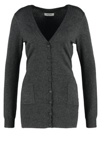 Ciemnoszary kardigan wykonany z miękkiej tkaniny, z dekoltem w serek, długimi rękawami, sześcioma guzikami z przodu i dwoma przednimi kieszeniami.