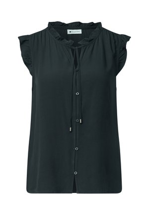 Blouse noire sans manches avec manches courtes à volants, fermeture boutonnée à l'avant et détail noué au niveau du col.
