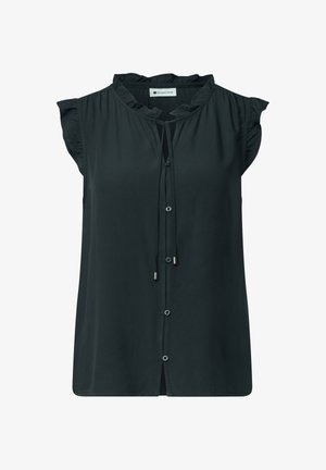 Blouse noire sans manches avec manches courtes à volants, fermeture boutonnée à l'avant et détail noué au niveau du col.