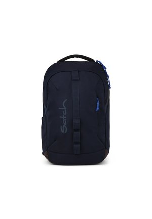 Dark navy blue backpack with top handle, vertical strap on front, blue zipper pulls, and "Satch" logo on front panel.