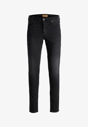 Jean noir slim avec fermeture par bouton et fermeture éclair, passants de ceinture, poches devant et derrière, présenté sur fond blanc.