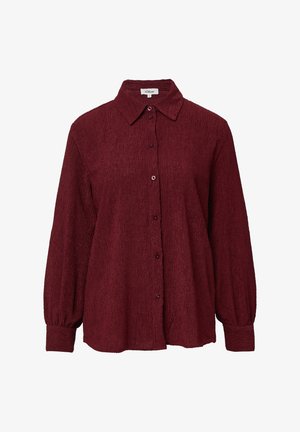 Tamsiai raudonas ilgomis rankovėmis struktūrizuotas marškinių mygtukas su smailiu apykakle ir rinktinėmis rankovėmis.