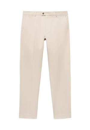 Beige chinos made from smooth fabric, featuring a button closure, side pockets, and a straight-leg design. Minimalist and tailored style.