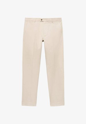 Chinos beige realizzati in tessuto liscio, con chiusura a bottone, tasche laterali e design a gamba dritta. Stile minimalista e sartoriale.