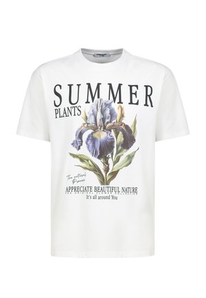 White cotton t-shirt featuring a large iris flower graphic, black text reading "SUMMER PLANTS" and other design elements below the graphic.