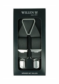 Black fabric suspenders with silver metal clips and a triangular attachment. Packaged in a black box with white text.