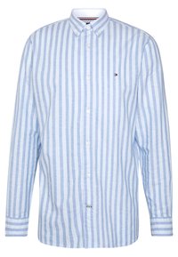 Light blue button-up shirt featuring vertical white stripes, long sleeves, and a classic collar. Small logo on left chest.