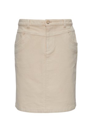 Beige katoenen rok met een rechte snit, voorzakken en een knoopsluiting op de tailleband. Heeft een subtiele verticale ribbelstructuur.