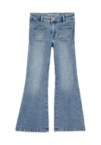 Ljusblå utsvängda jeans med knäppning, bältesöglor och två bakfickor. Tillverkade av denim med en slät yta och rena sömmar.