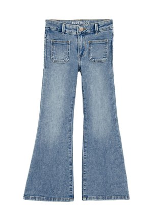 Jean flare bleu clair avec une fermeture à bouton, des passants de ceinture et deux poches arrière. Fabriqué en denim avec une texture lisse et des coutures soignées.