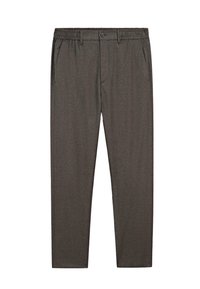 Pantaloni grigi con una trama morbida, dotati di una vita elasticizzata, chiusura con bottone e tasche laterali, progettati con un taglio dritto.