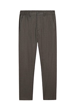 Pantaloni grigi con una trama morbida, dotati di una vita elasticizzata, chiusura con bottone e tasche laterali, progettati con un taglio dritto.