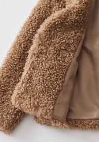 Giacca di pile riccia marrone con un esterno morbido e texturizzato. Presenta una chiusura con un singolo bottone e una fodera interna liscia.