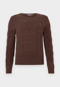 Brown cable knit sweater with a crew neck, long sleeves, ribbed cuffs, and hem. Features textured pattern and simple branding detail.